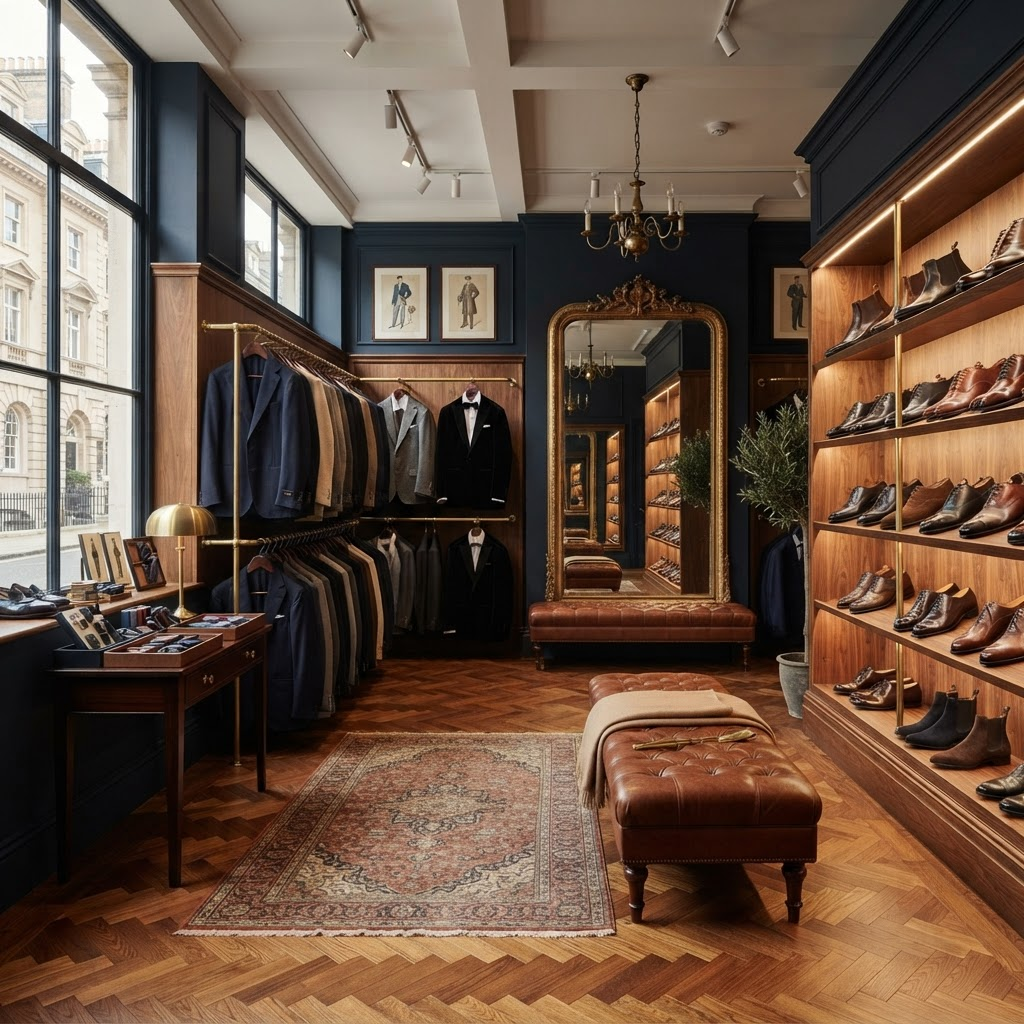 Interior of the Suit Mart showroom with suits, tuxedos, and a wall of dress shoes