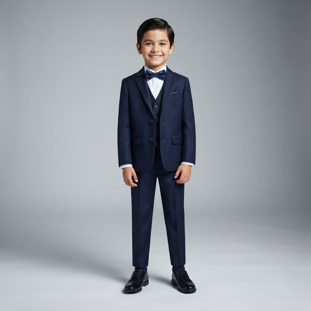 Boy wearing a navy formal suit