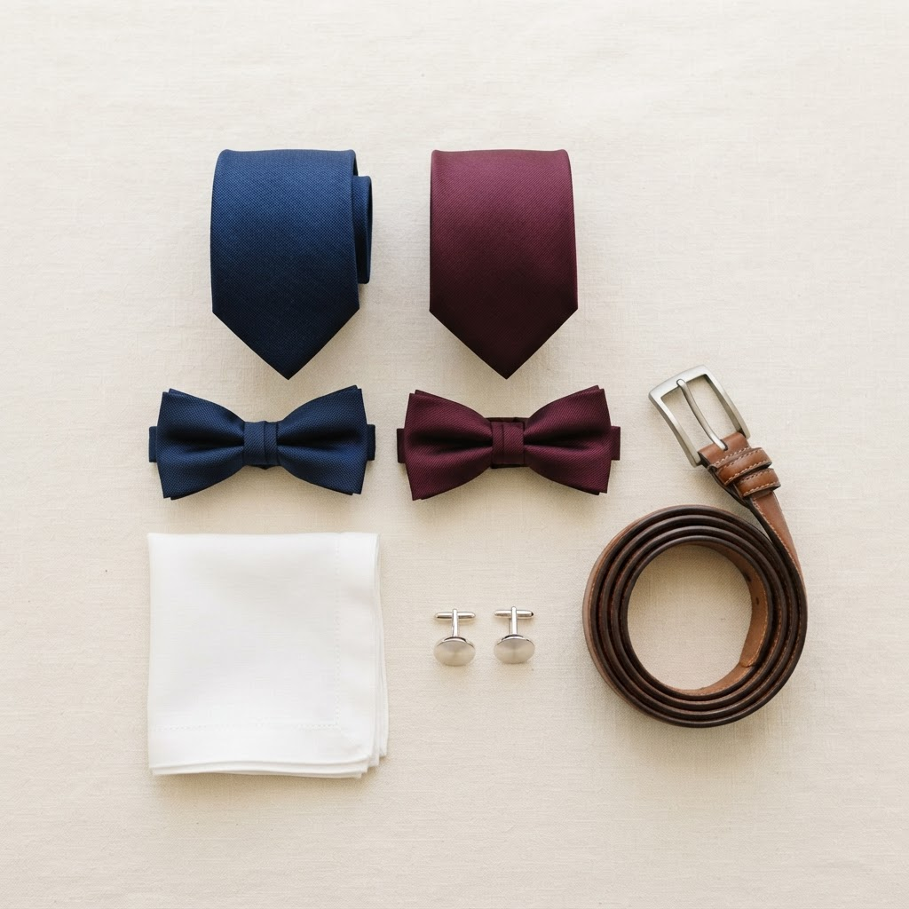 Flat lay of neckties, bow ties, a belt, and cufflinks