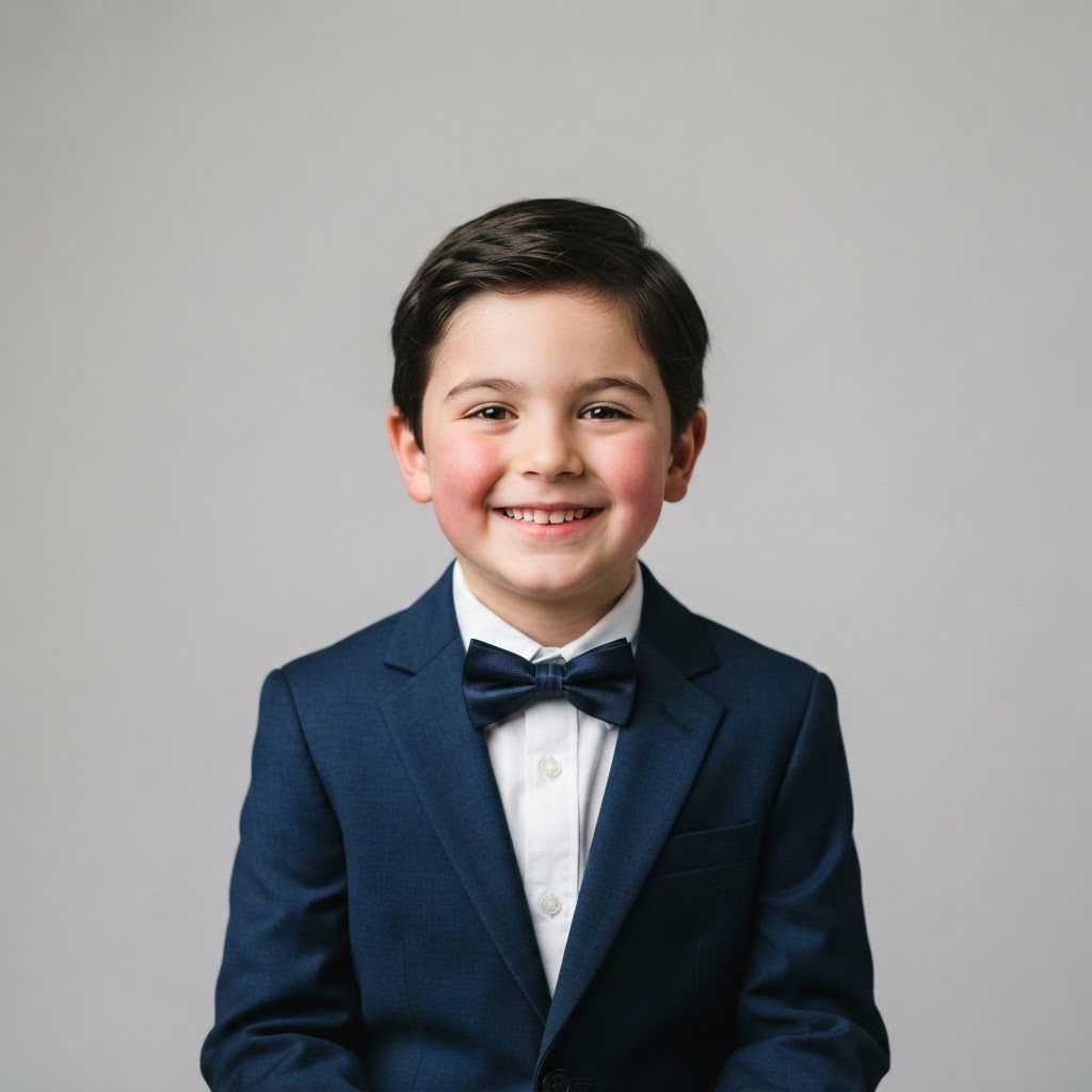 Young boy wearing a navy formal suit with a bow tie