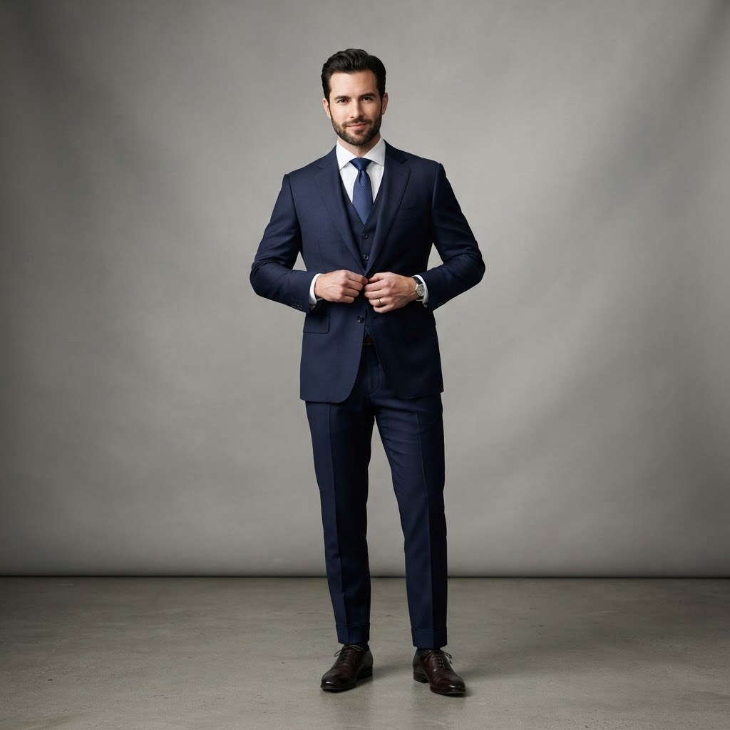 Man wearing a tailored navy three-piece business suit