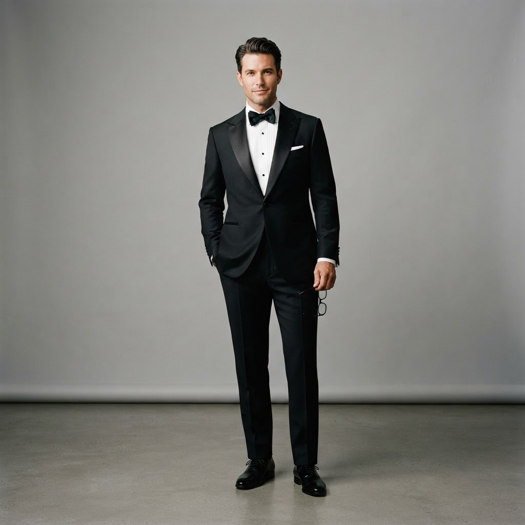 Man wearing a classic black tuxedo with a bow tie